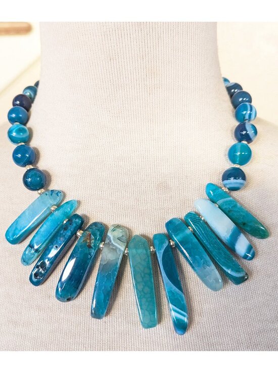 Handmade Jewelry - Southwestern Teal Blue & Silver Agate Swirl Bib Statement Necklace